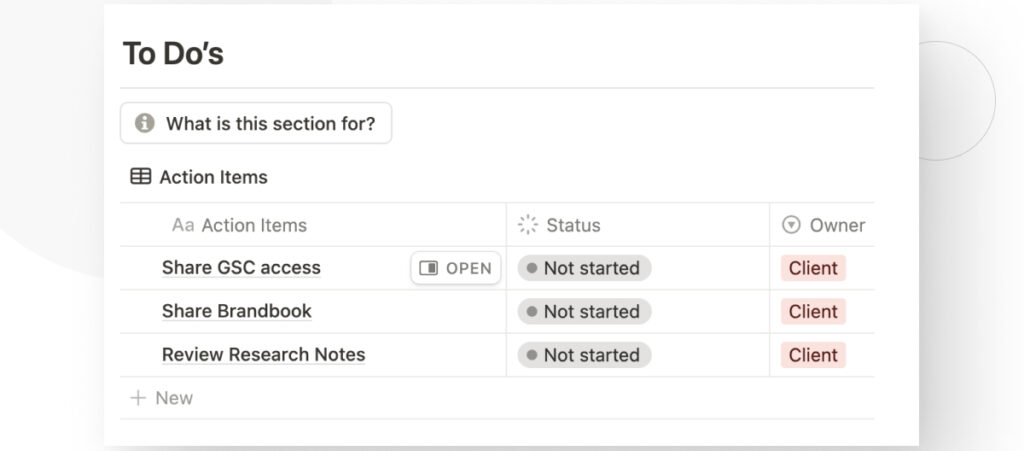 Un tablero de cliente en el software de gestión de proyectos Notion. Contiene una lista de tareas para que los clientes proporcionen información a la agencia de WordPress con la que están trabajando