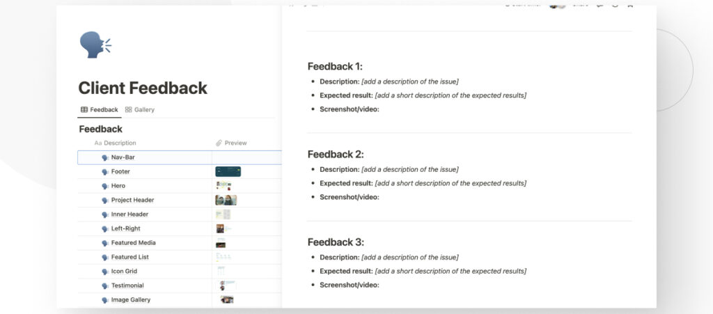 Un panel de cliente en el software de gestión de proyectos Notion. Contiene varios documentos con comentarios del cliente de un proyecto de desarrollo de WordPress