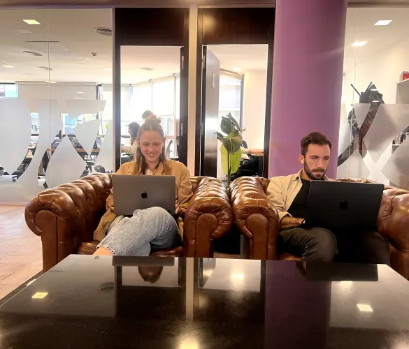 two team members from a WordPress development agency sitting side by side, each using their laptop