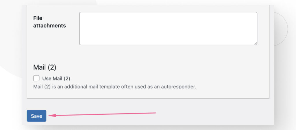 The Contact Forms 7 interface in the WordPress backend admin. The user scrolled to the bottom of the Mail tab and clicked the Save button.