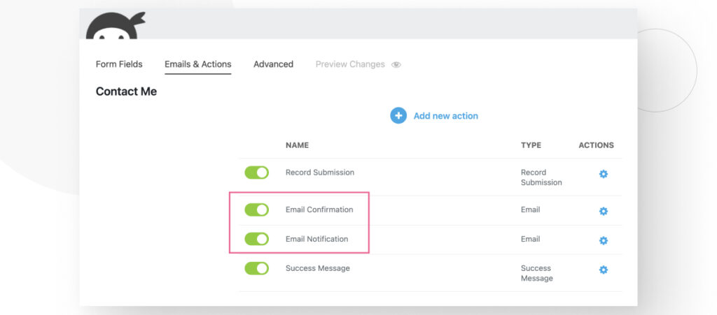 The Ninja Forms interface in the WordPress backend admin. The user in the Emails & Actions tab. All email notifications are enabled