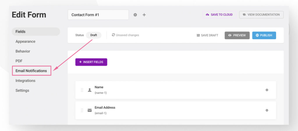 The Forminator Forms interface in the WordPress backend admin. The user is one the form editor and is clicking the "Email notifications" button on the left-hand sidebar