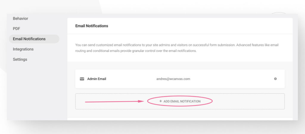 The Forminator Forms interface in the WordPress backend admin. The Email Notifications screen shows the email addresses that will receive a message upon every form submission