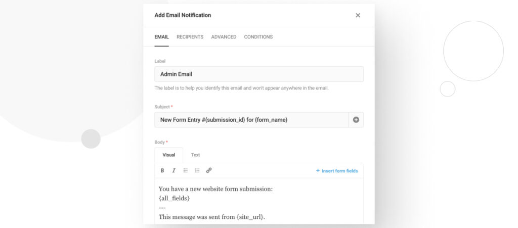 The Forminator Forms interface in the WordPress backend admin. A modal allows the user to edit various fields that make up the content of the notification email admins will receive upon every form submission