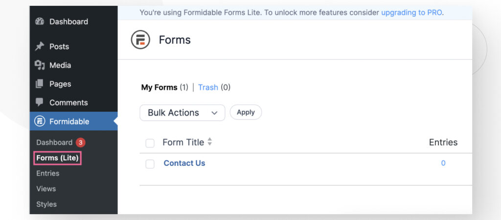 The Formidable Forms interface in the WordPress backend admin. The user is in the "Forms (Lite)" section and is click on a form to edit it