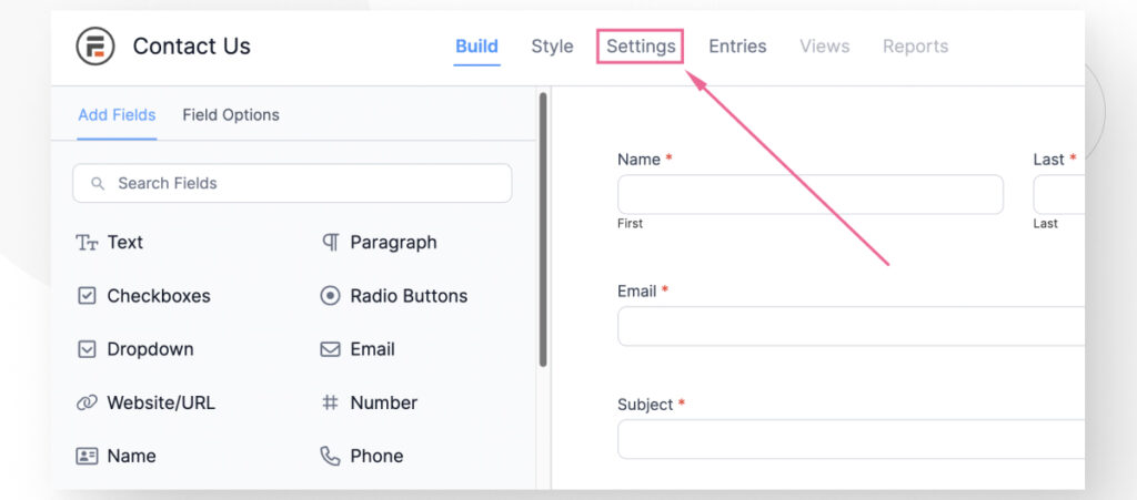 The Formidable Forms editor interface in the WordPress backend admin. The user is clicking on the Settings button on the top navbar