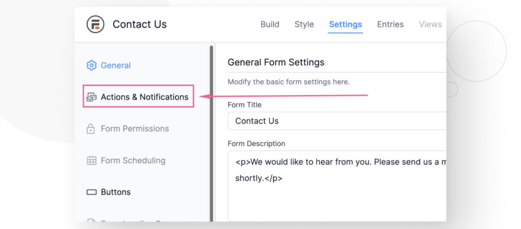 The Formidable Forms editor interface in the WordPress backend admin. The user is clicking on the "Actions & Notifications" button on the left-hand sidebar. 