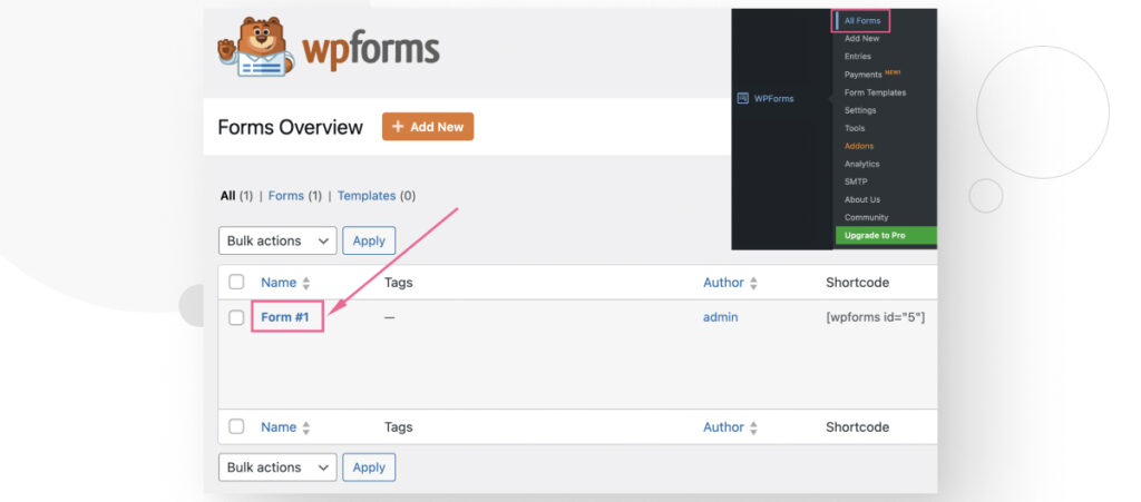 The WPForms interface in the WordPress backend admin. The user is selecting a form to edit it