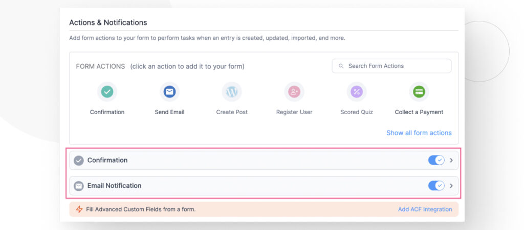 The Formidable Forms editor interface in the WordPress backend admin. The user is in the "Actions & Notifications" screen to confirm this specific form sends email notifications to the admin once submitted by a user.