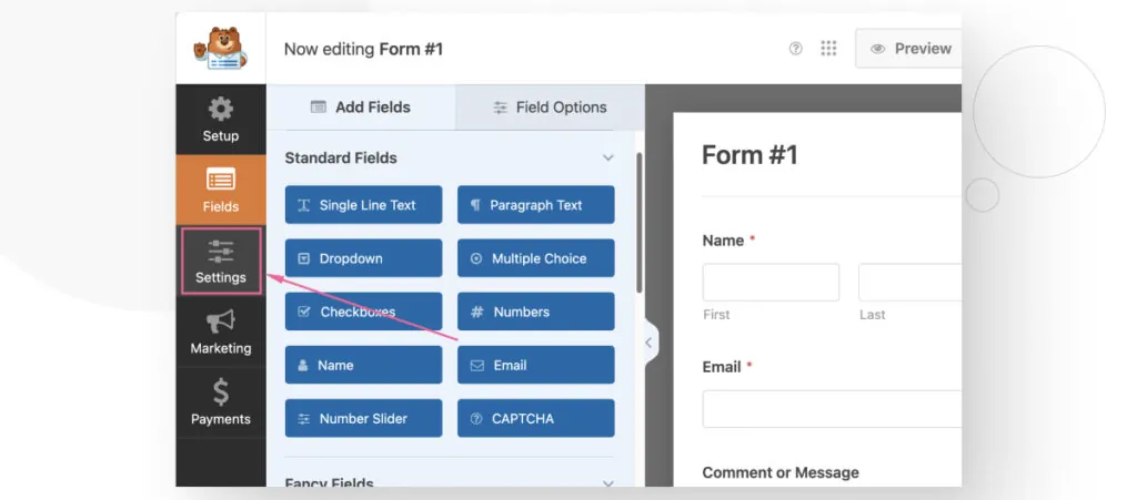 The WPForms interface in the WordPress backend admin. The user is pressing the Settings button in the form builder