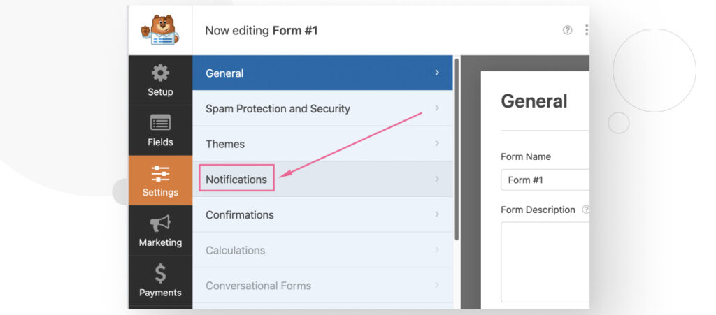 The WPForms interface in the WordPress backend admin. The user is pressing the Notifications in the form builder's Settings screen