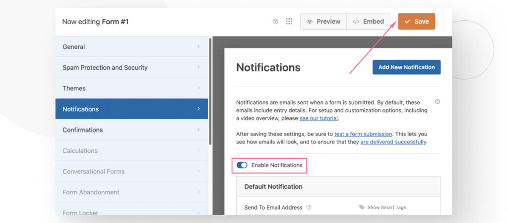 The WPForms interface in the WordPress backend admin. The user ensured the "Enable notifications" button is on and clicked the "Save" on the page's top-right corner