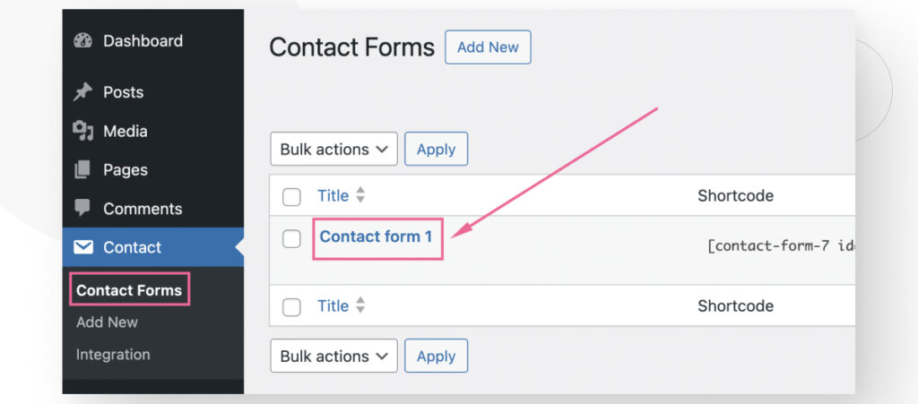 The Contact Forms 7 interface in the WordPress backend admin. The user is selecting a form to edit it