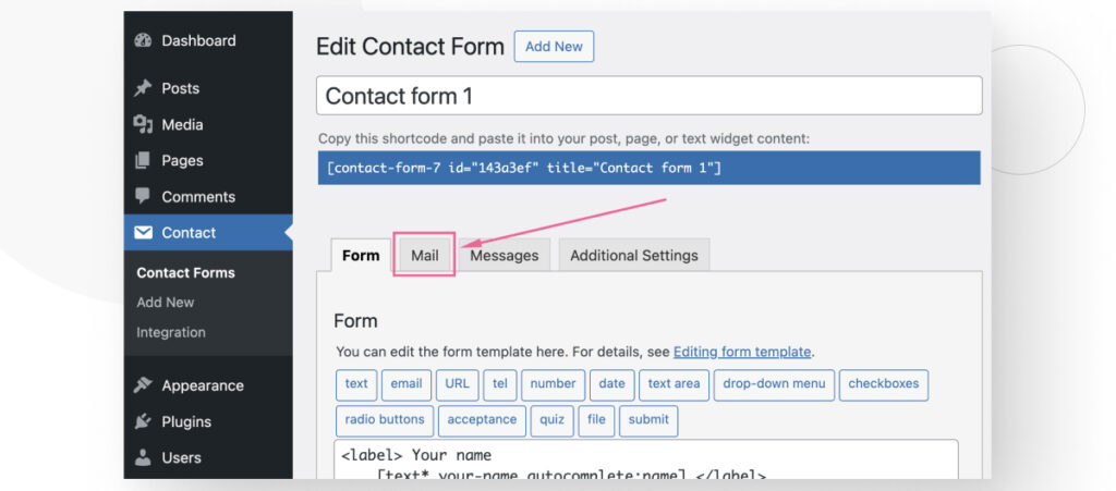 The Contact Forms 7 interface in the WordPress backend admin. The user is clicking on the Mail tab of the form editor