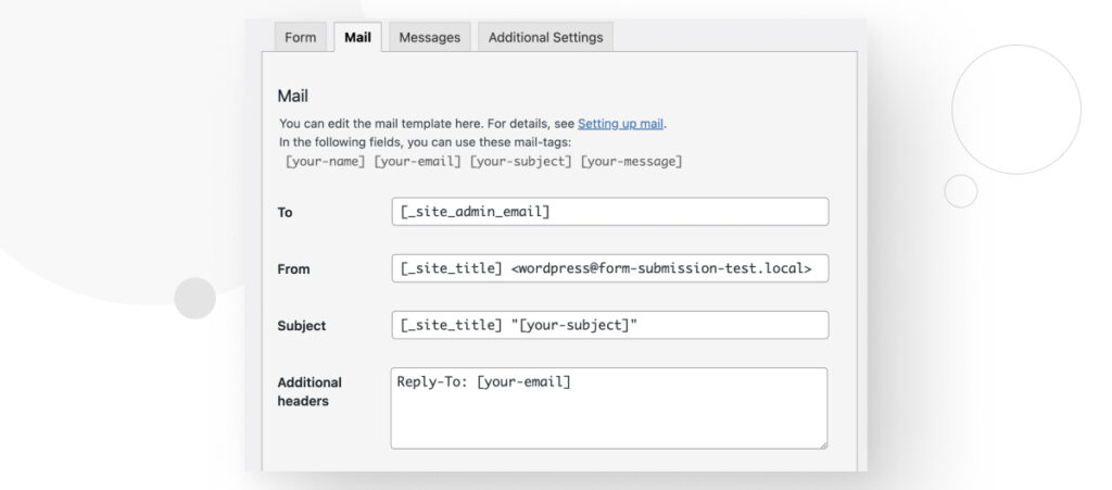 The Contact Forms 7 interface in the WordPress backend admin. The user is in the Mail tab of the form editor. It contains various fields that make up the contents of the notification emails admins receive when someone submits a form on their site