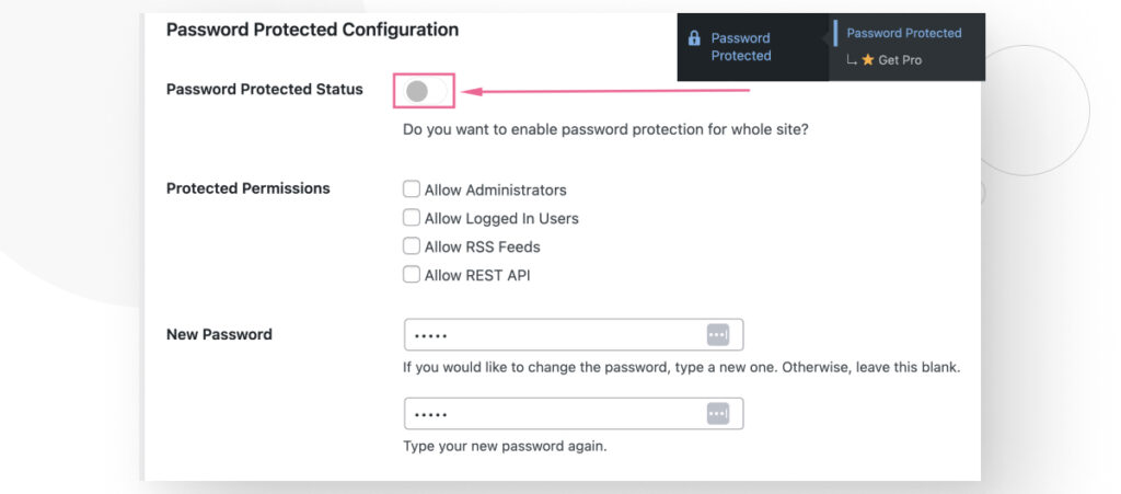 The Password Protected Configuration screen of the Password Protected plugin for WordPress. There are multiple text boxes and configurations to lock up your site behind a password