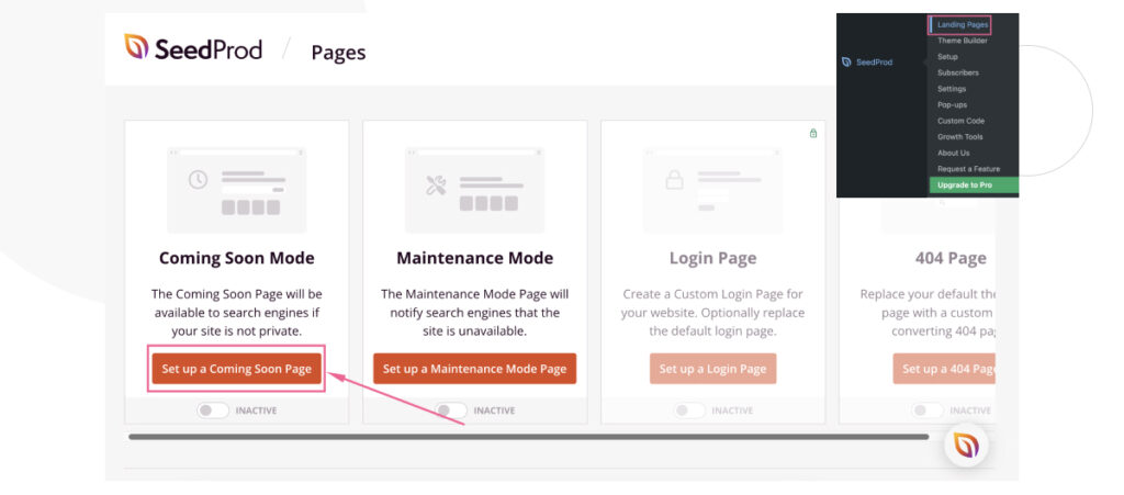 The Landing Pages section on the WordPress admin when using the SeedProd plugin