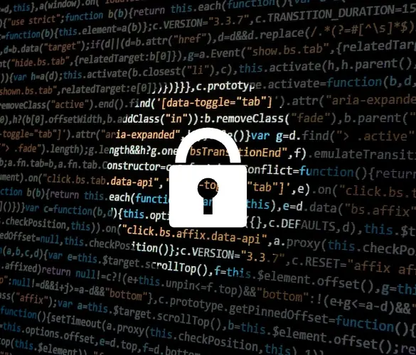 the icon of a white padlock highlighted over a wall of programming code