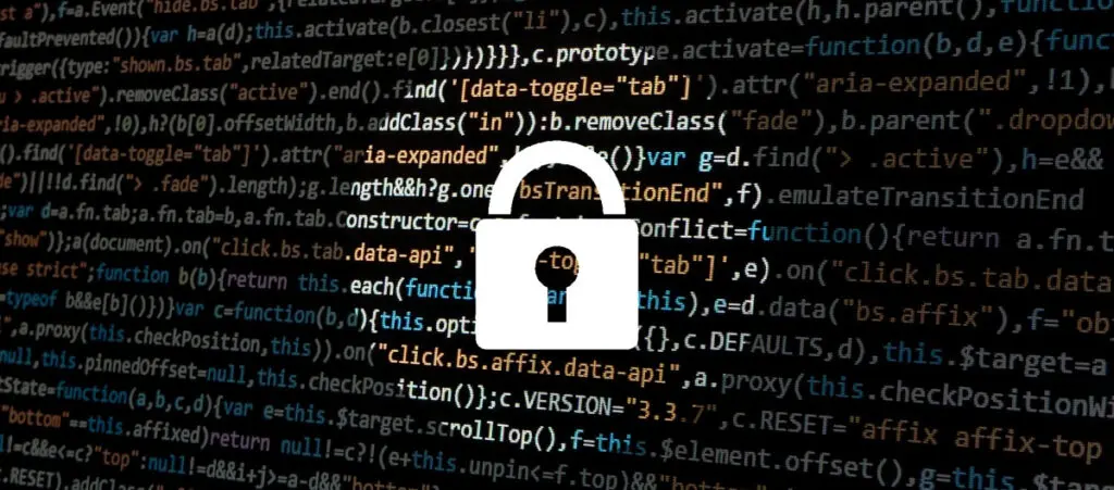 the icon of a white padlock highlighted over a wall of programming code