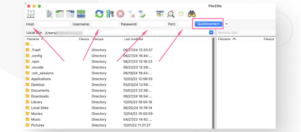 The FileZilla interface. Multiple arrows point to the host, username, password, and port fields