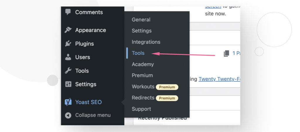 La opción "Herramientas" en el menú del panel de control de Yoast SEO