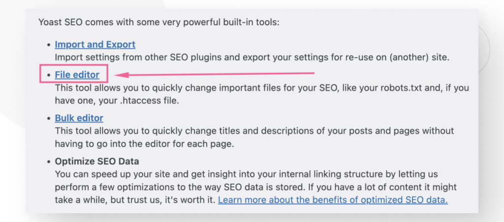 Yoast SEO's "Tools" screen, highlighting the "File Editor" feature