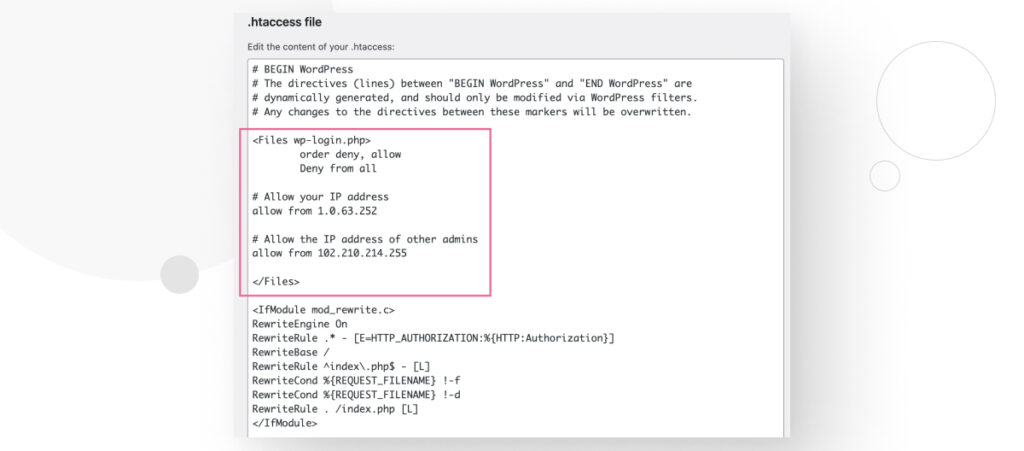 The contents of a WordPress site's .htaccess file. A square highlights the commands necessary to block all IP addresses from accessing the login page, except for a few authorized ones