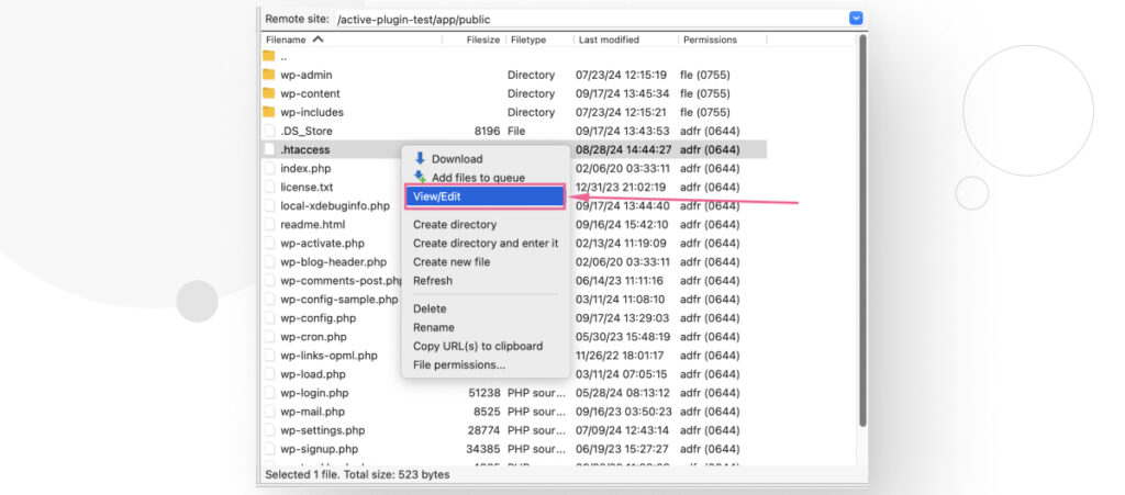 The FileZilla interface. The user right-clicked the .htaccess configuration file and pressed the View/Edit option in the contextual menu