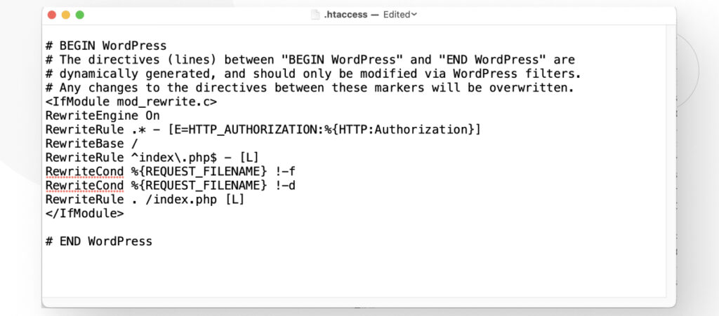 El contenido del archivo .htaccess de un sitio de WordPress
