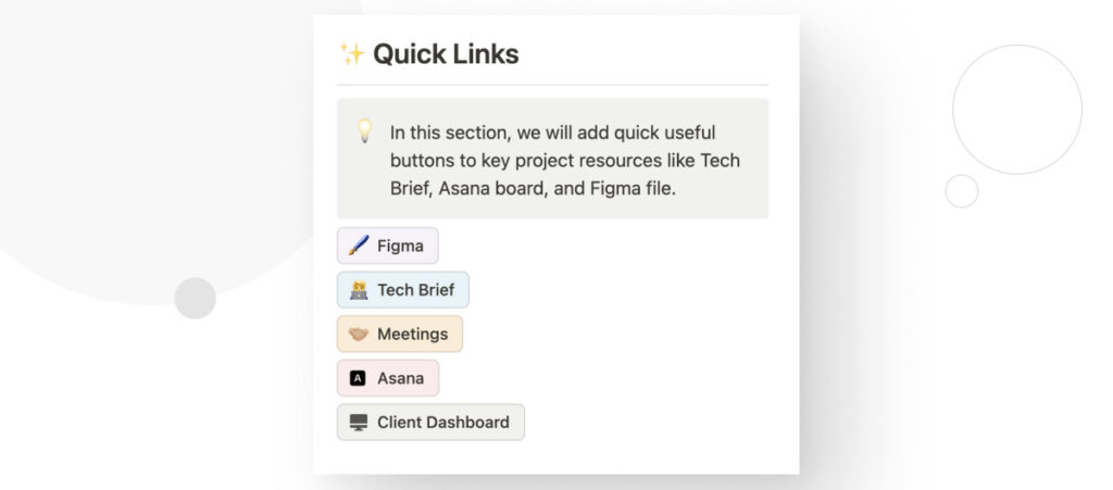 The project brief of a WordPress development project, as presented in an Asana board. The "Quick Links" section provides links to the Figma board with the designs, the tech brief, a log of previous business meetings, and the client dashboard