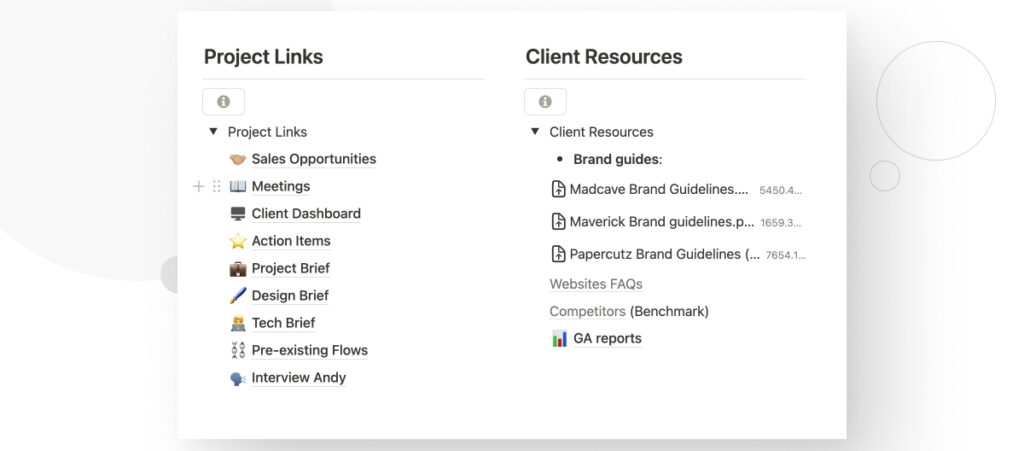 The project brief of a WordPress development project, as presented in an Asana board. The "Client Resources" and "Project Links" sections provides access to important information about the project