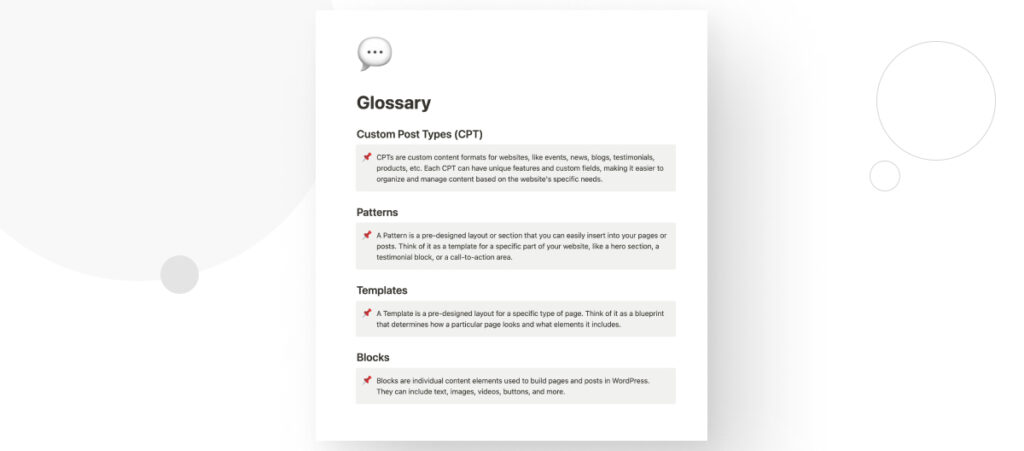 A Notion document titled "Glossary". It includes definitions for various WordPress technical terms