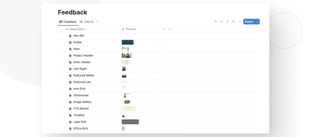 A Notion dashboard titled "Feedback". It contains a table of various documents where clients can leave feedback for every element of a WordPress development project