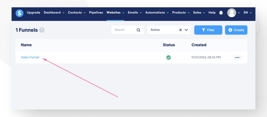 The Sales Funnels interface in Systeme.io