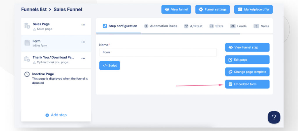 A Systeme.io form. An arrow highlights the button to copy the form as HTML, which you can paste on your site later