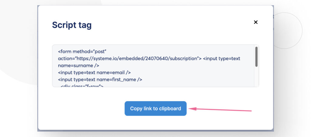 Button to copy a Systeme.io form as HTML, which you can paste on your site later