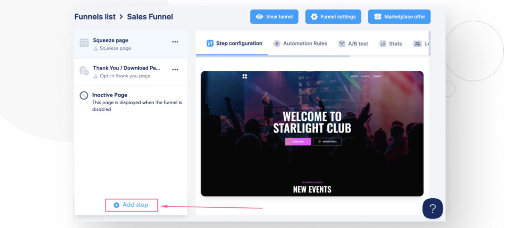 The "Add Action" button in Systeme.io's funnel creator feature