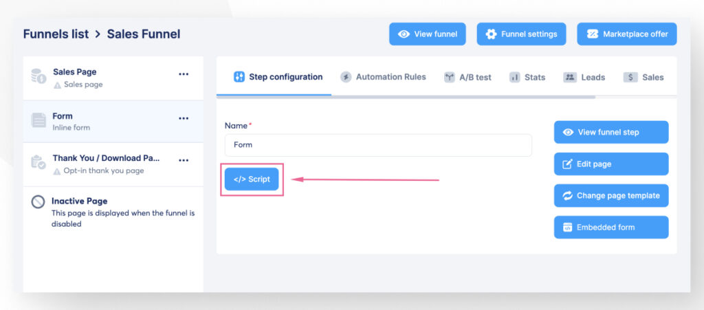 A Systeme.io form. An arrow highlights the button to copy the form as a script you can paste on your site later