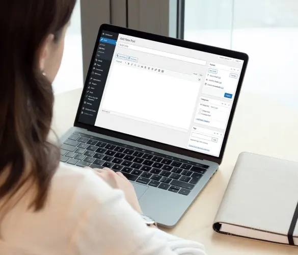 over the shoulder view of someone using WordPress on a laptop