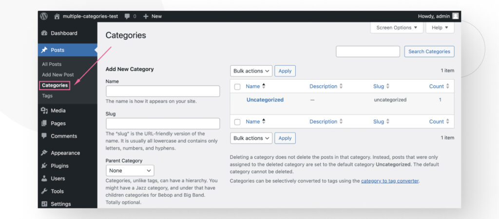 The Categories interface in the WordPress dashboard