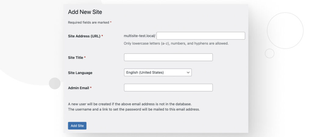 The Add New Site interface in WordPress's admin dashboard