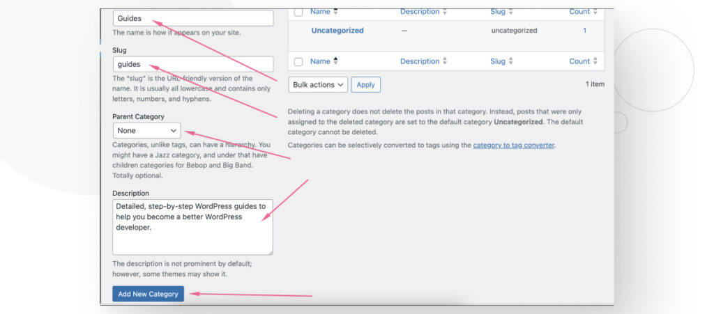 Creating a new Category in the WordPress dashboard