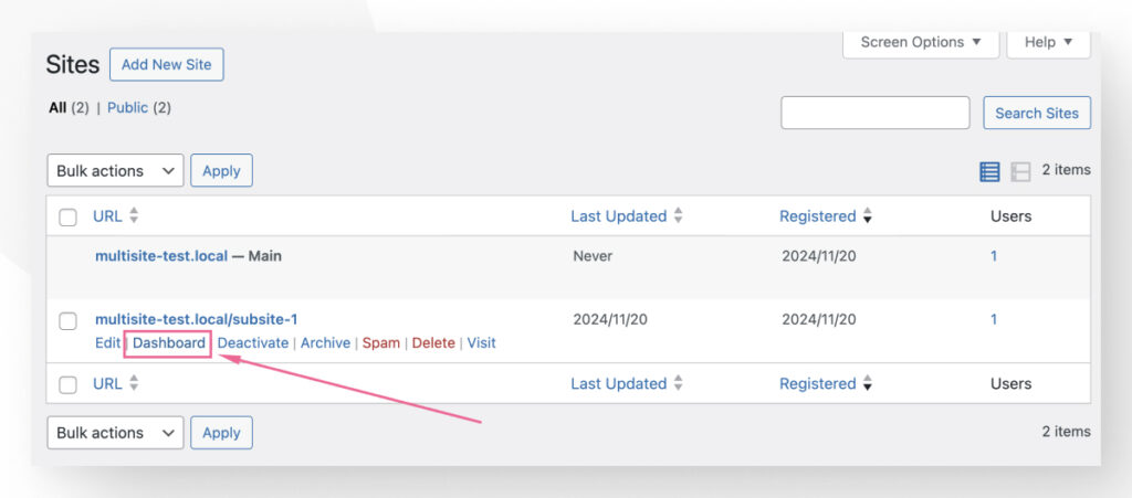 Clicking on the "Dashboard" option to access the admin dashboard of an individual site in a WordPress multisite network