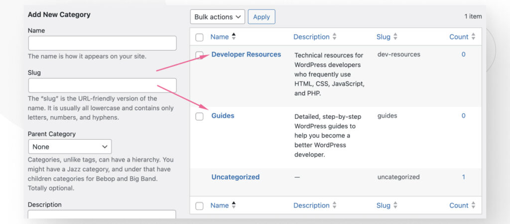 A list of existing categories in the Category interface on the WordPress dashboard