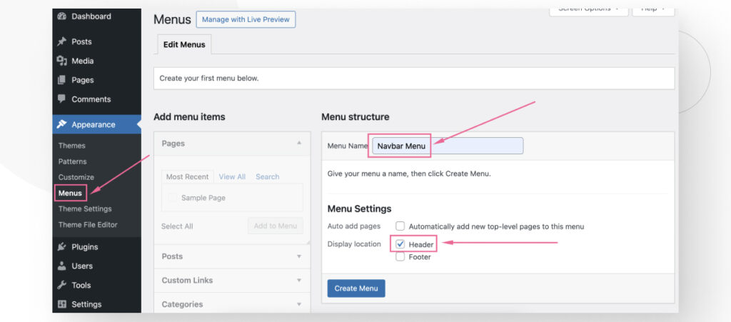 Creating a new menu in the Menus interface on the WordPress admin dashboard