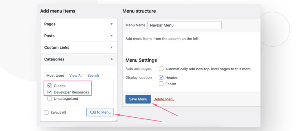 Adding elements to a menu in the Menus interface in the WordPress admin dashboard