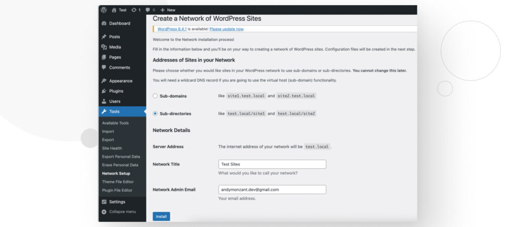 Creating a network of sites in the WordPress admin dashboard