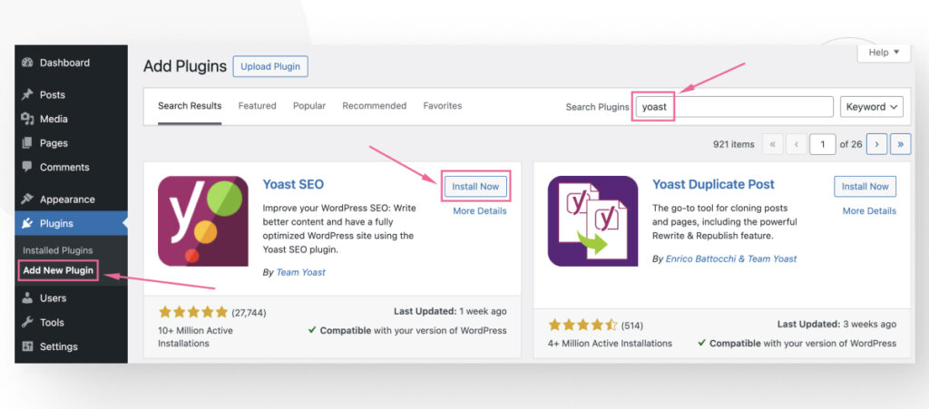 The WordPress plugin repository as seen in the admin dashboard. The user is searching for "yoast" in the search bar and multiple results appeared.