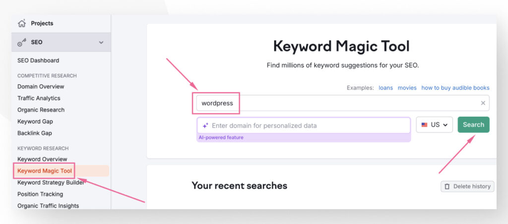 The Keyword magic Tool feature in Semrush