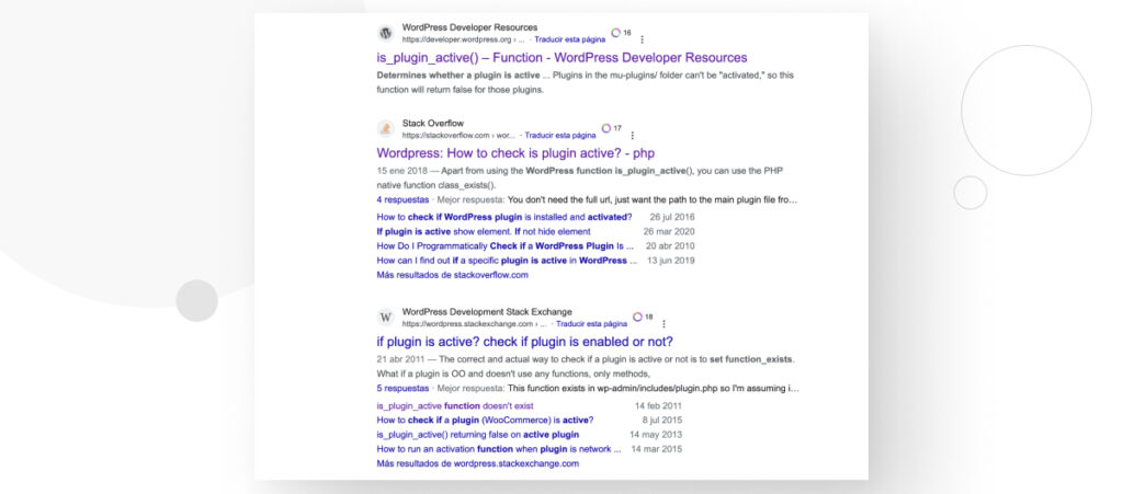 Google search results for a WordPress-related query